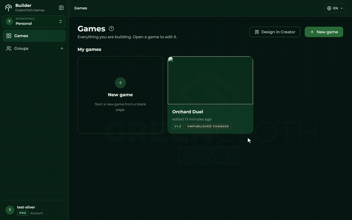 The New game button, typing the title in the modal, the Create game button, then the new game's Overview page