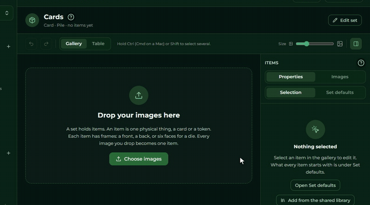 Three image files dragged onto the gallery of an empty set, each becomes one item