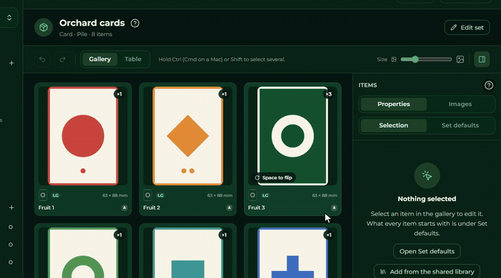 Selecting one item with a click, adding another with Ctrl and click, selecting a range with Shift and click, the panel shows the number of selected items