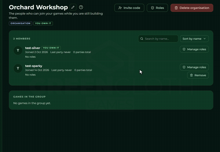 A member's Manage roles window: the Editor role switched on and saved, then the role's tag appears on the member's row