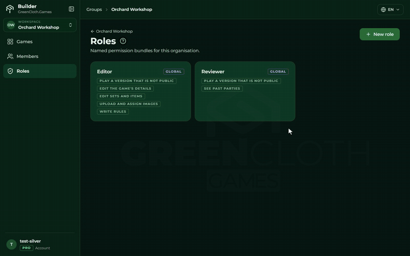 Creating a role: typing the name, switching the kind to Game specific and back to Global, switching two permissions on, the Create role button, and the new card in the list