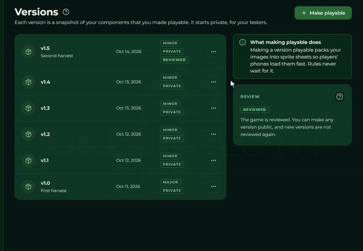 Choosing Public in a version row's menu: the row gets a Public tag and the confirmation appears