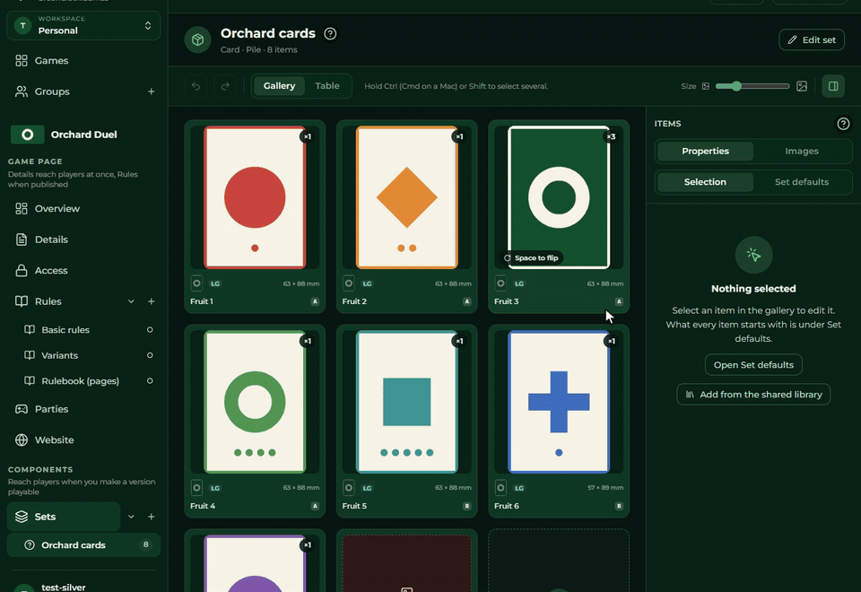 Filling in the New set dialog: title, type, container, save, then the new empty set's page