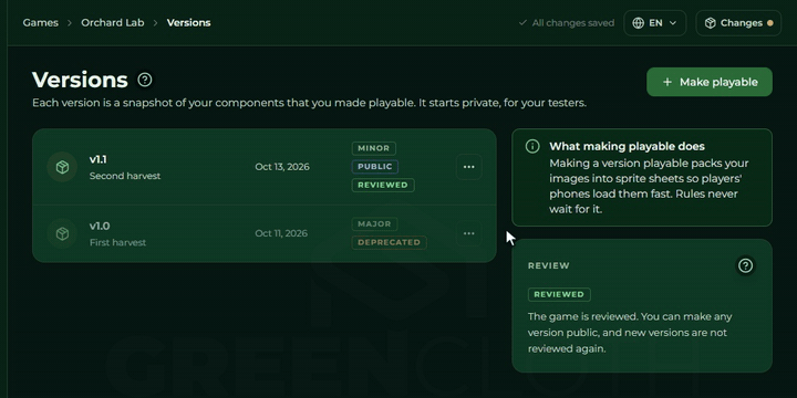 The Changes button in the top bar and the panel that opens: the rules' unpublished changes with the Publish button, the components' change with the Make playable button