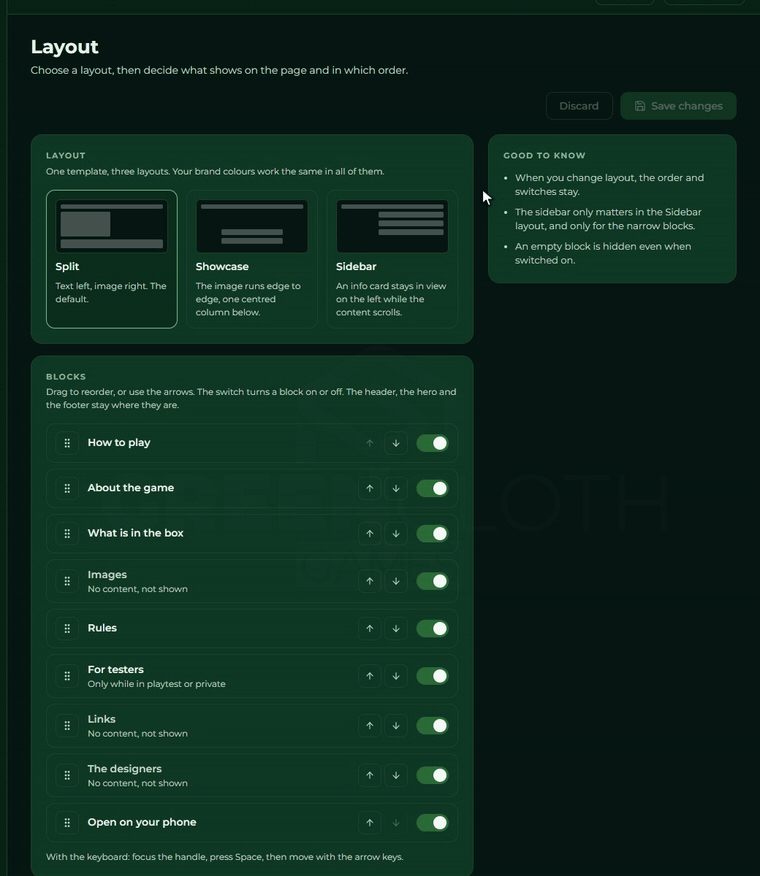 Choosing the Sidebar layout, putting the phone QR block into the sidebar, switching to Showcase, then moving one block up with the Move up button