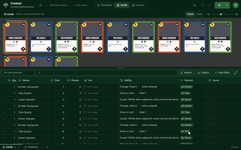 A click on a card and then on a card name moves the table to its row; after a Cost is retyped the card redraws