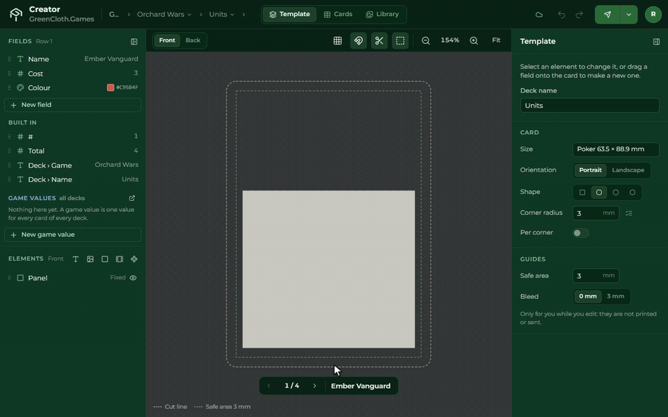 The Name field dragged onto the card becomes a new text, the Colour field dragged onto the panel becomes its fill, and the row stepper changes both from card to card