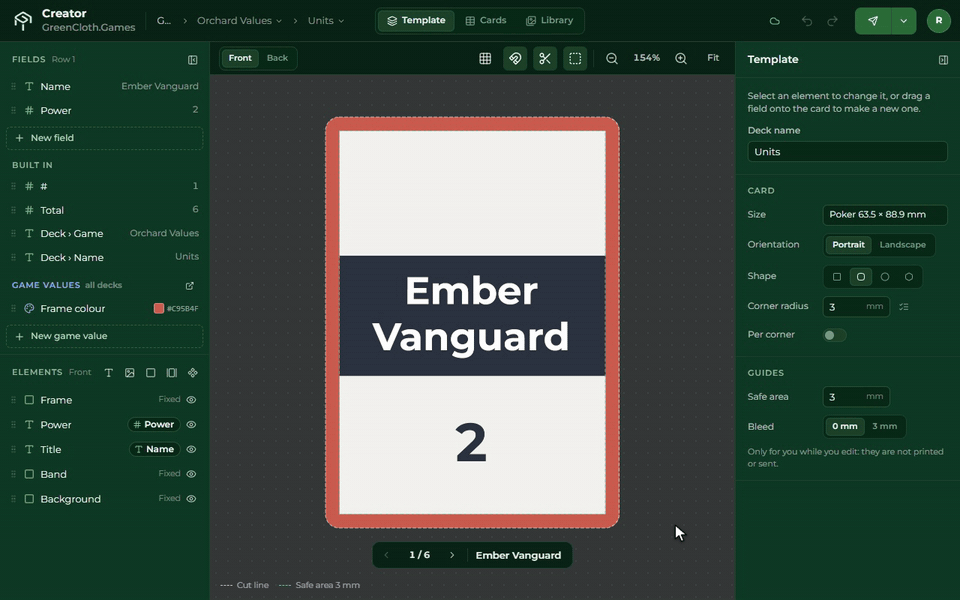 Changing the colour of the Frame colour game value: the card frame turns at once, and in the Cards view every card shows the new colour