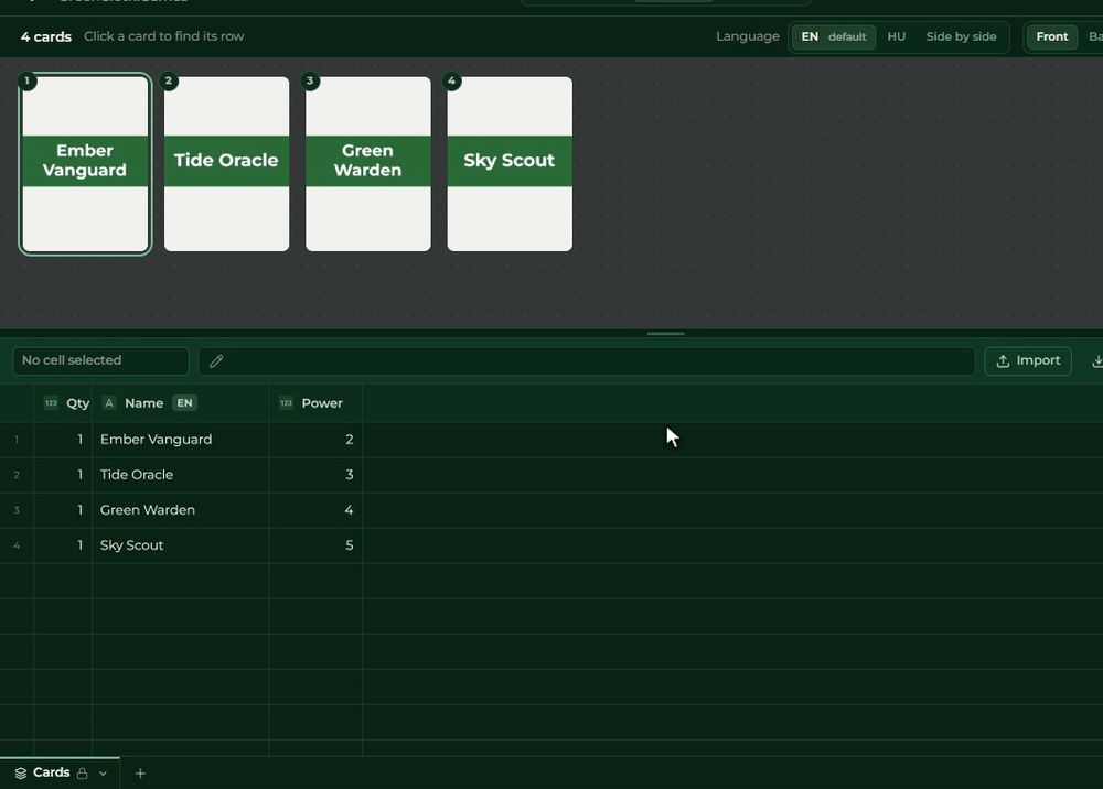 The Side by side mode: three translations typed into the Name HU column, the missing count drops, then the switch to HU