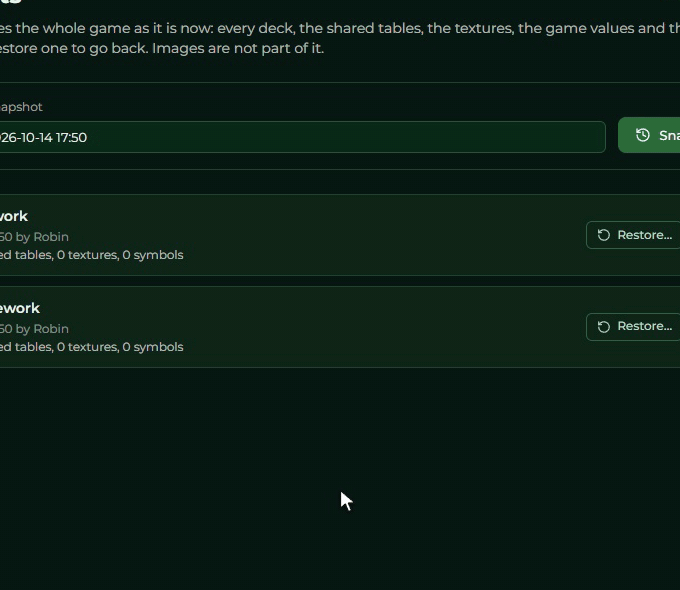 The Restore… button, saving the current state, the tick box, the Restore snapshot button, and the summary