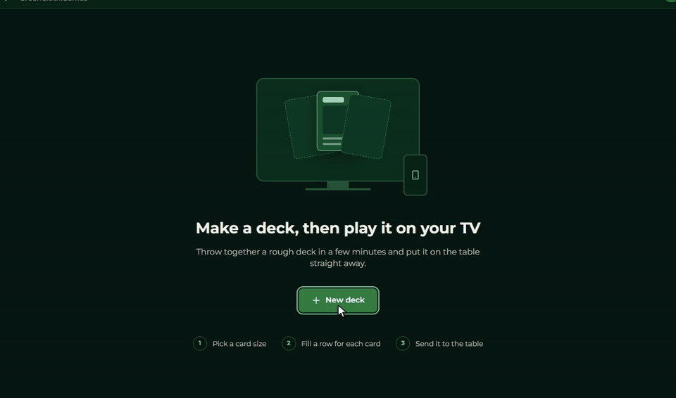 In the New deck window: choosing the game, the Poker size and the Quick deck, clicking Create, and the deck opens