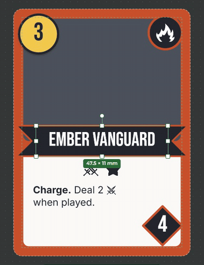 The Name element dragged towards the middle of the card with a pink guide showing the snap, enlarged with the bottom right handle, then turned 15 degrees with Shift held