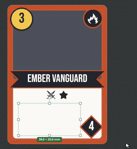 A double click on the text, then typing Attack: {Po and Enter inserts the Power field, {sw and Enter inserts the sword icon; the card shows the number and the icon
