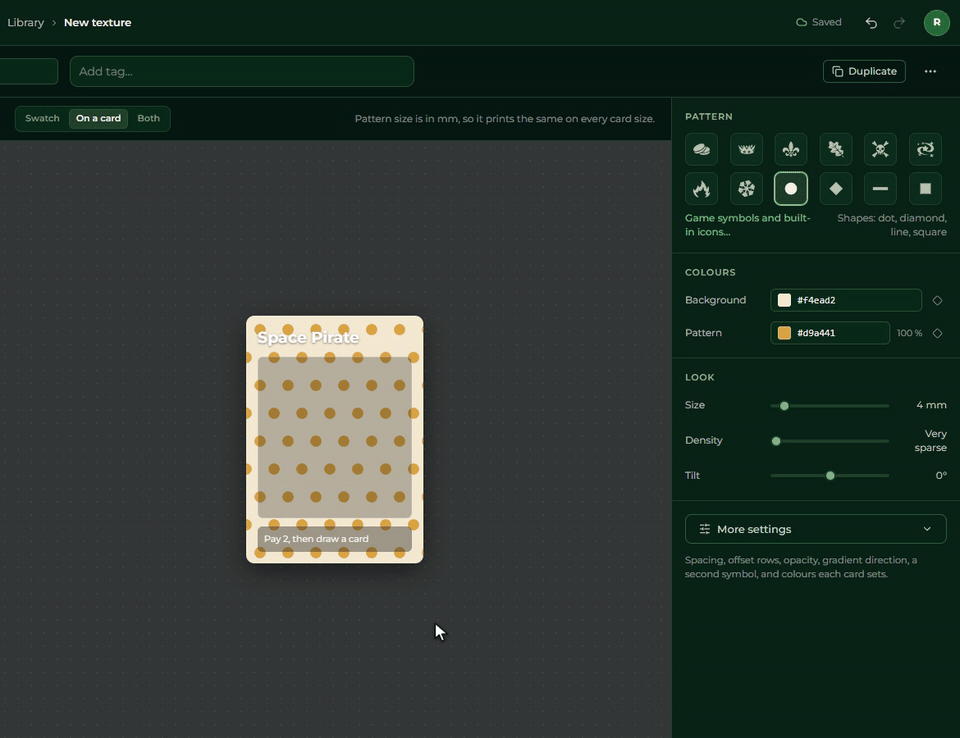 A pattern colour made dynamic, then three Try colours recolour the sample cards